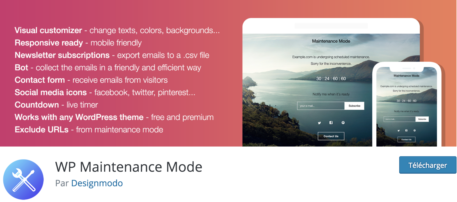 WordPress coming soon : screenshot du plugin Maintenance Mode