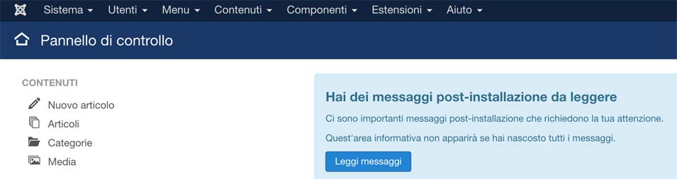 Le panneau de contrôle de Joomla en italien