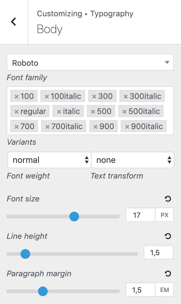Typography settings on GP premium