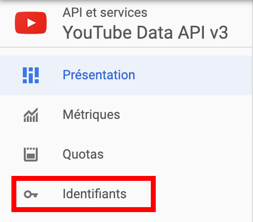 Identifiants YouTube Data API v3