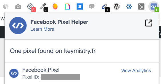 Notification de l'extension Chrome Facebook Pixel Helper.