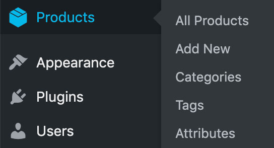 WooCommerce products menu in the WordPress admin: All products, Add new, Categories, Tags, Attributes.