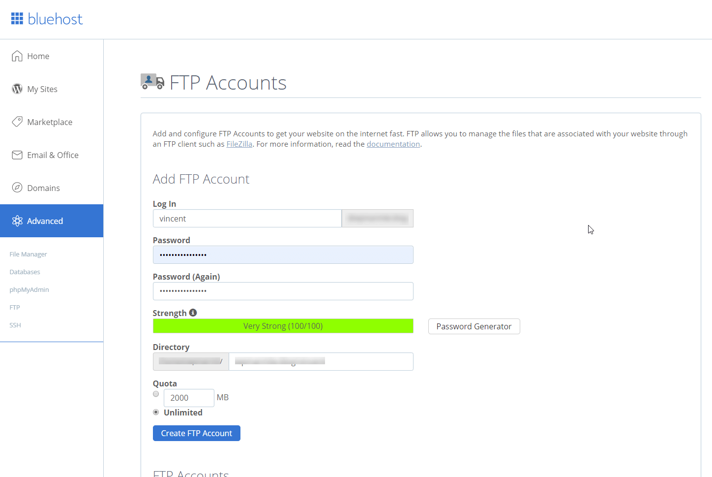 Bluehost interface for creating FTP accounts