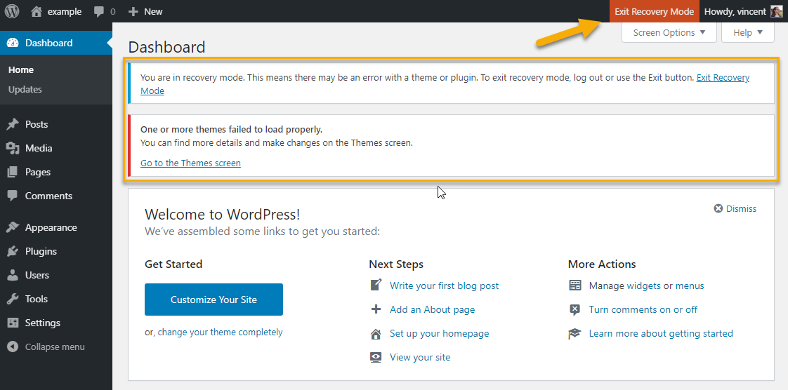 WordPress administration screen in Recovery Mode 
