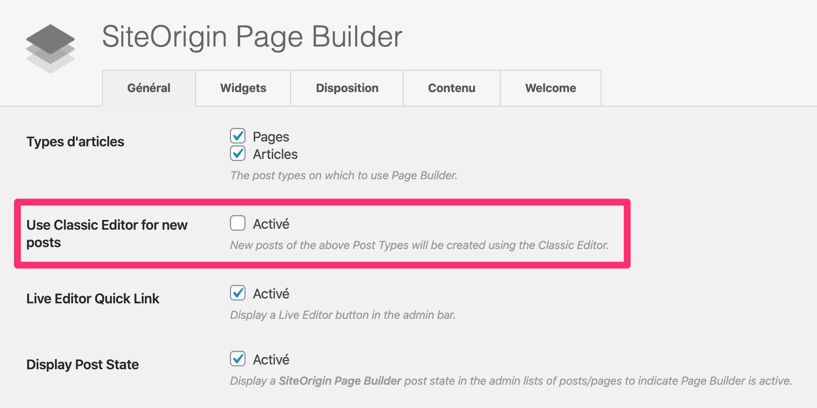 Classic Editor sur Page Builder
