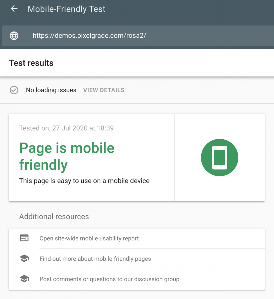 Google mobile friendly test for rosa2 theme