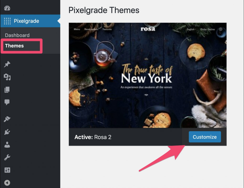 Themes in the Pixelgrade menu in wordpress admin