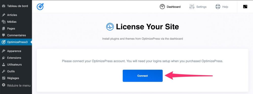 Connect button to activate the OptimizePress license for your website