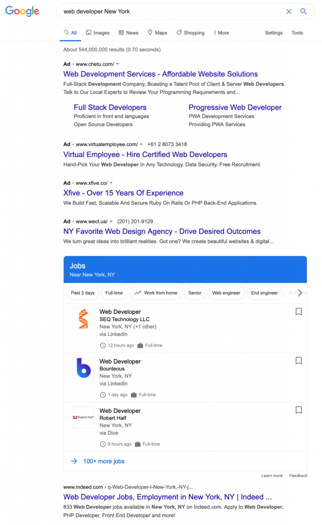 Example of job search on Google with relevant offers