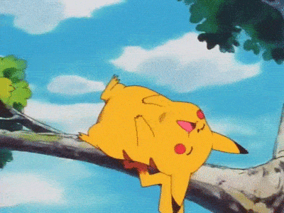 Pikachu laying on his back on a branch laughing.