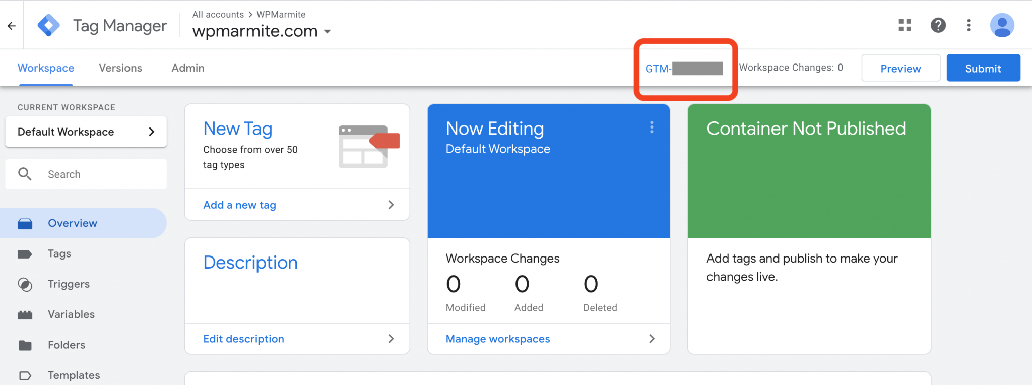 where to find your GTM ID on your google tag manager dashboard