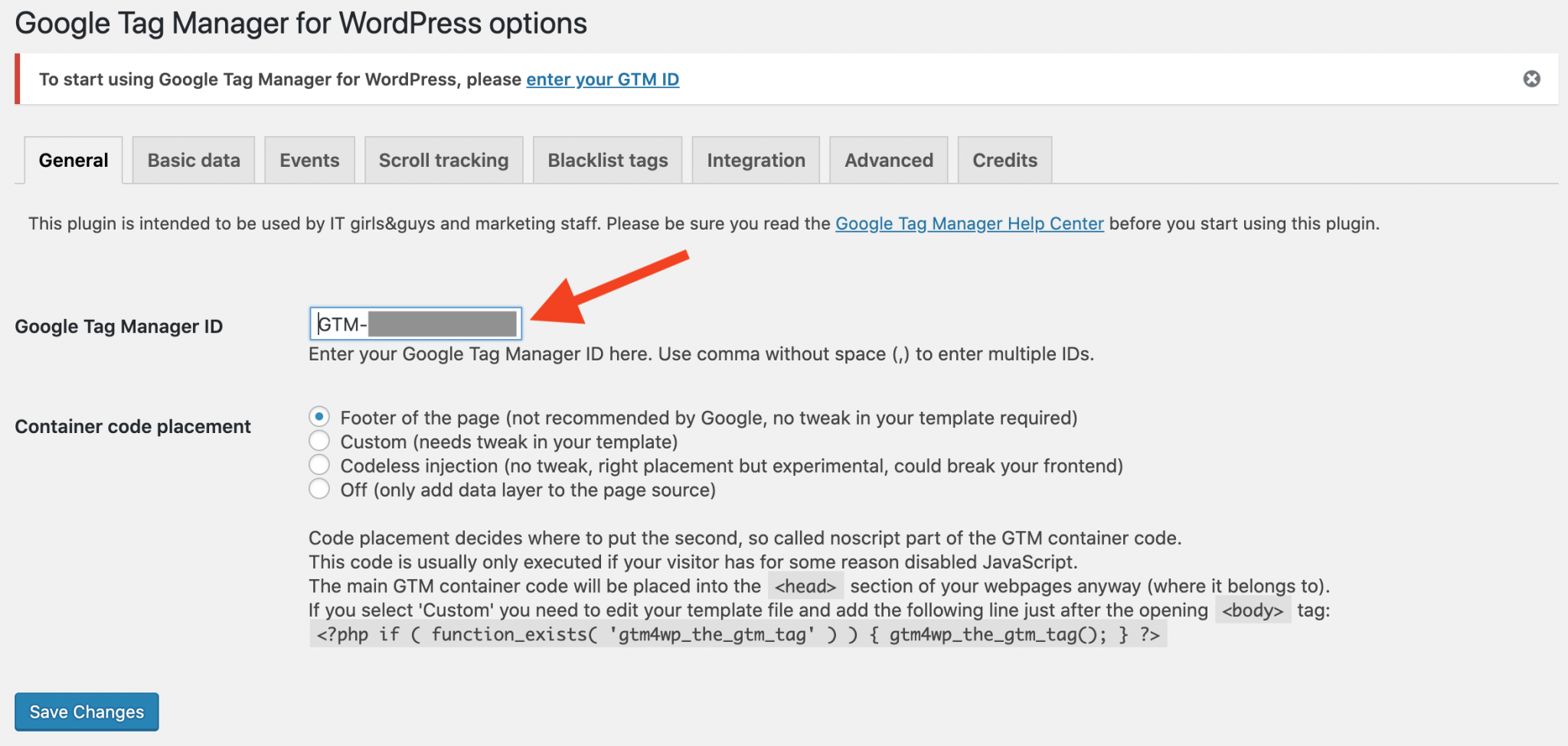 Where to put the Google Tag Manager ID on wordpress admin