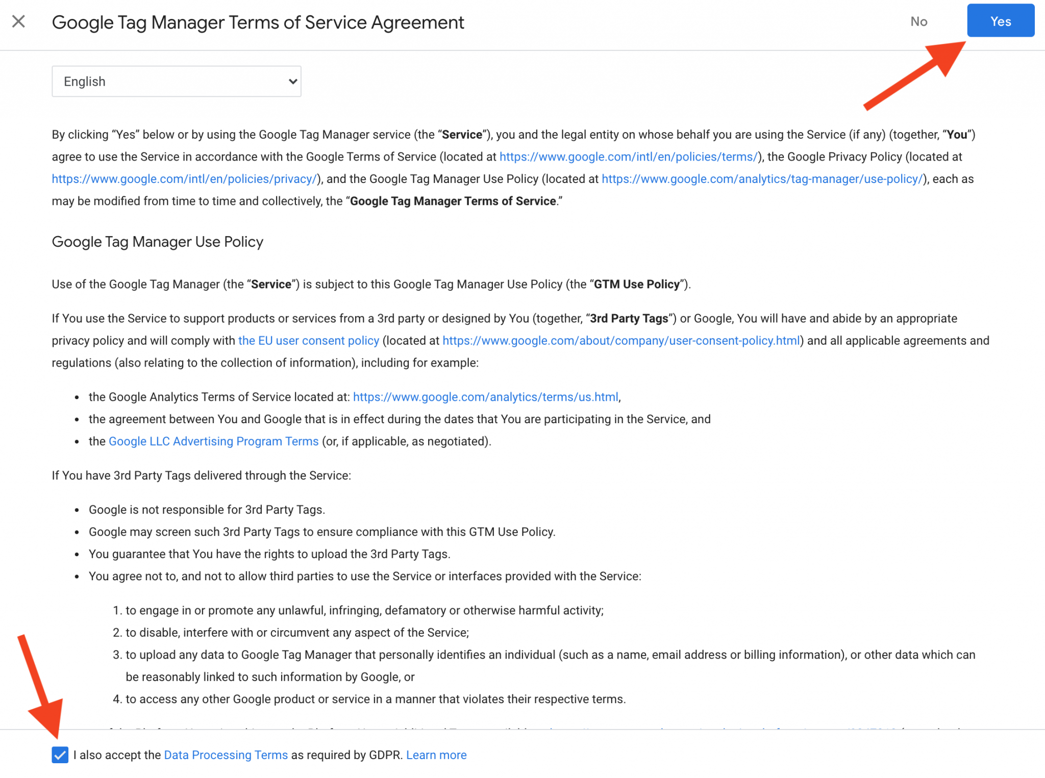 accept the google tag manager terms of service agreement