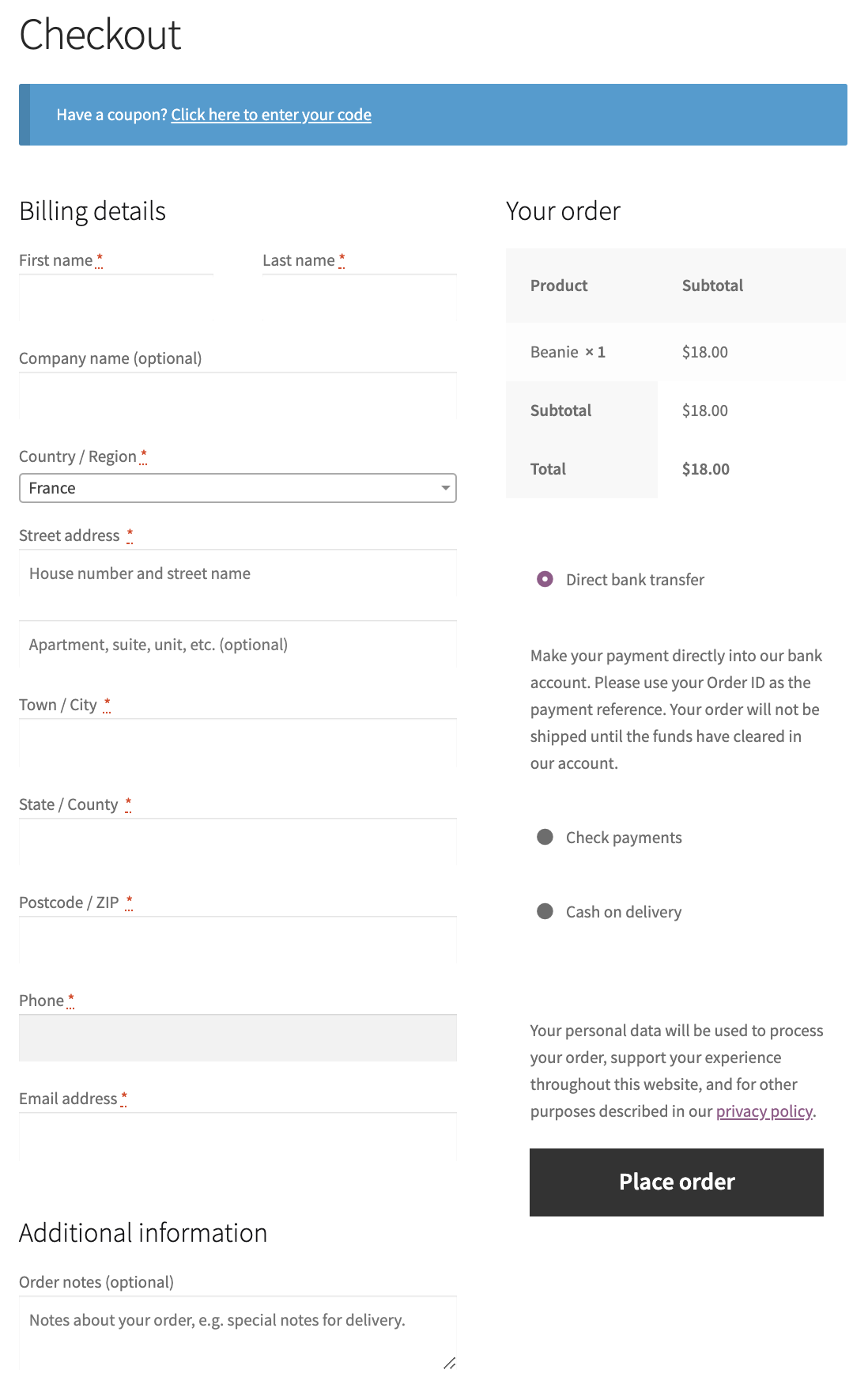 WooCommerce default order page displaying all the fields before placing the order