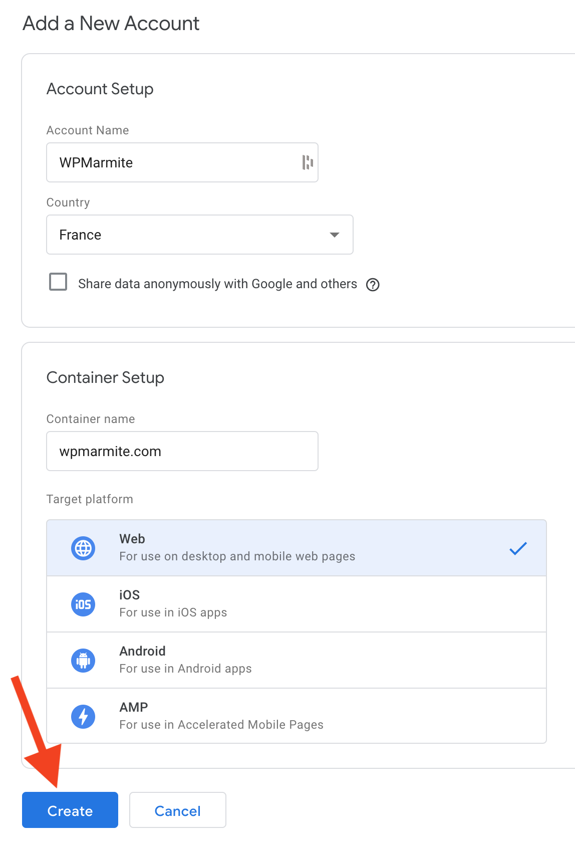 create a new account on google tag manager