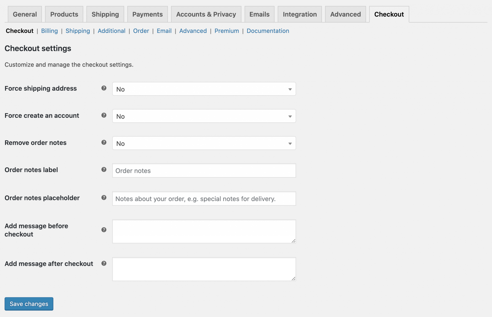 settings of checkout manager for wordpress plugin from wordpress admin