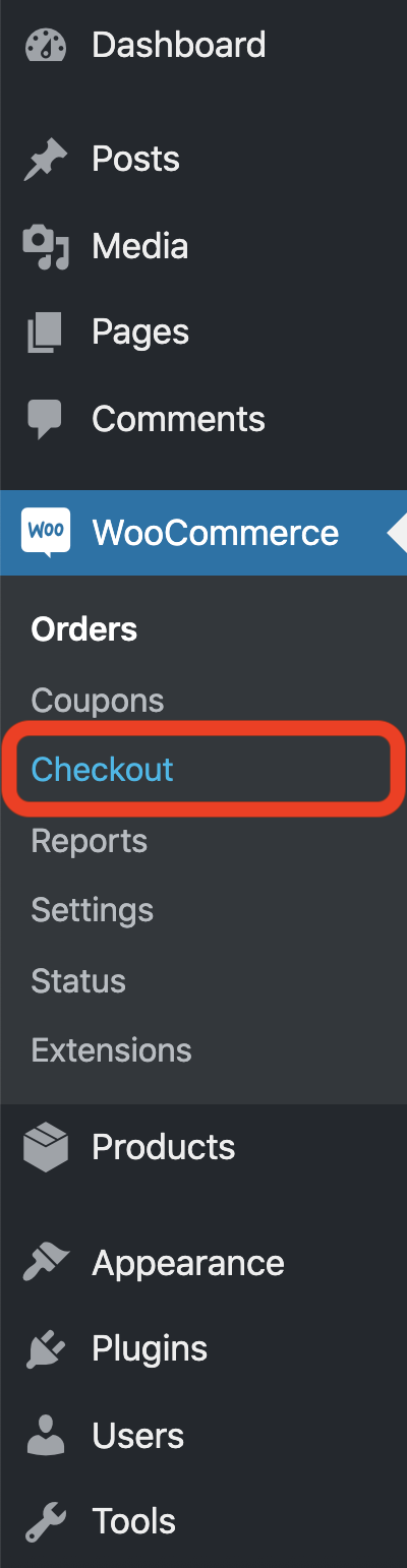 checkout item in the woocommerce menu on wordpress admin dashboard