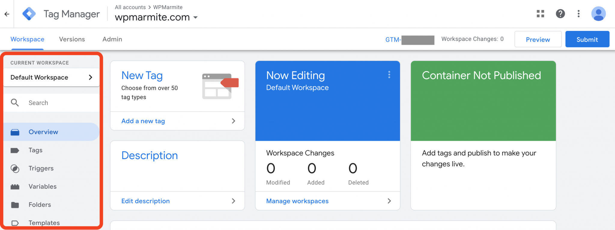 Settings within the workspace tab on google tag manager dashboard