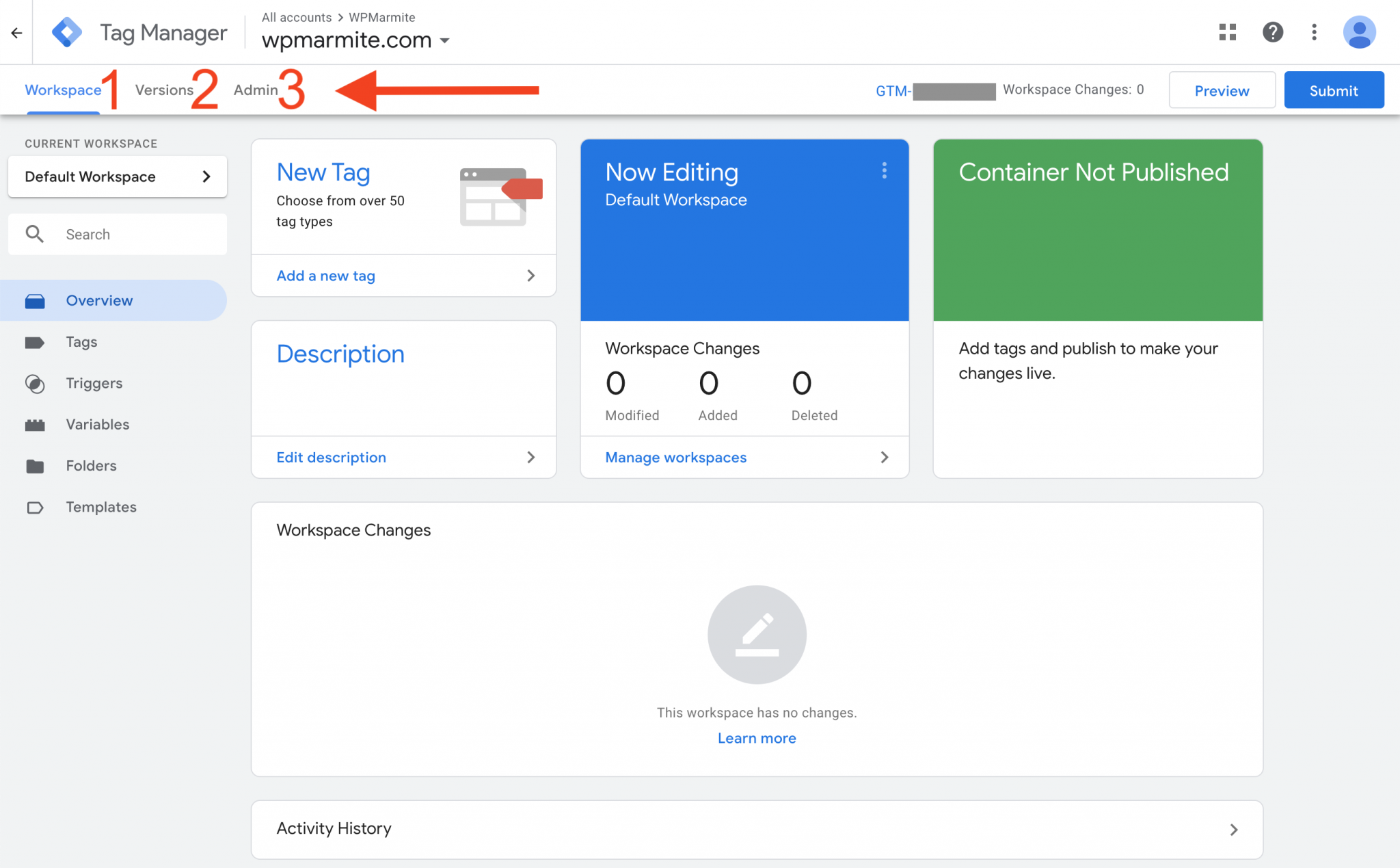 workspace, versions and admin tabs on google tag manager dashboard