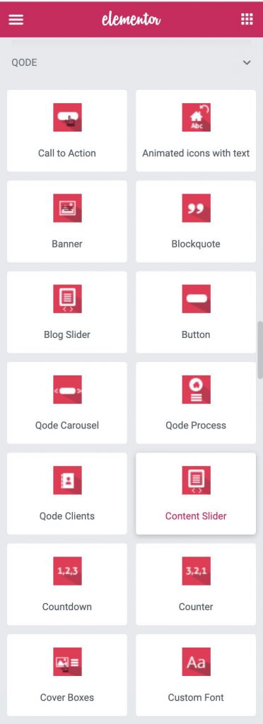 Un aperçu des widgets Elementor proposés par Qode.