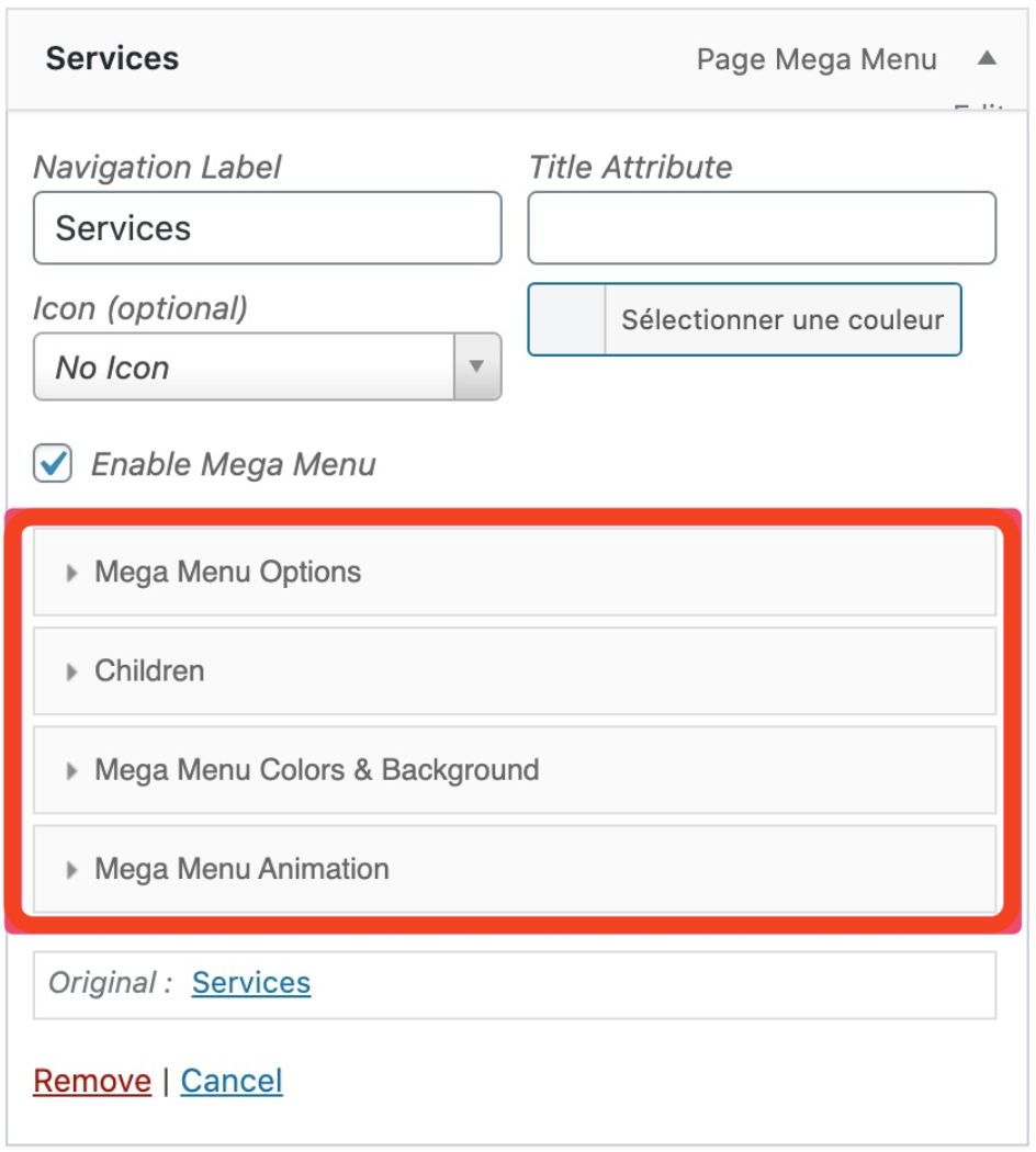 settings of wp mega menu plugin in the paying version on wordpress