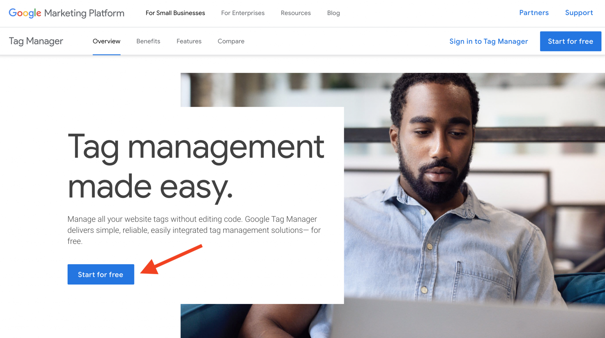 button start for free on google tag manager homepage
