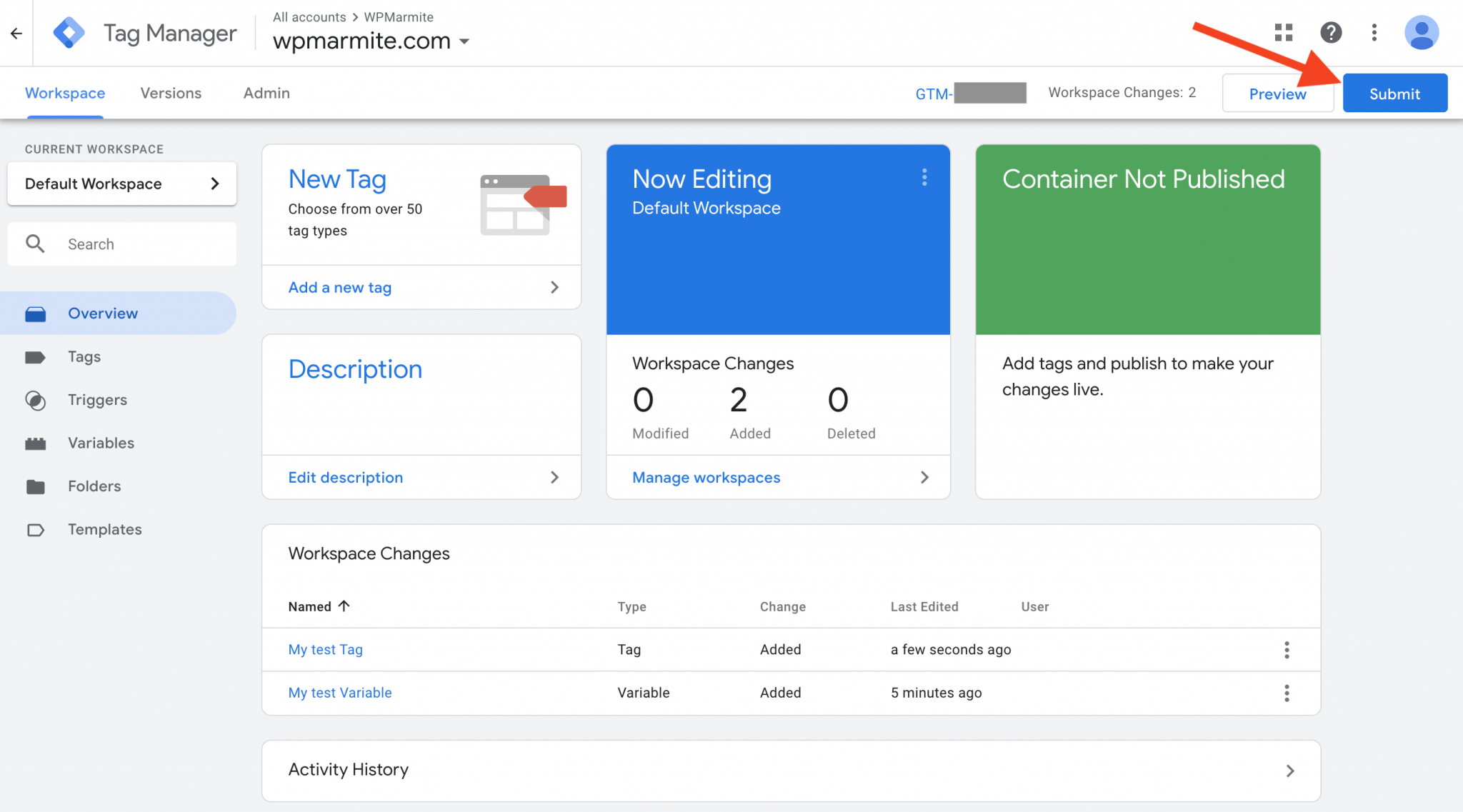 submit button to add tag on google tag manager