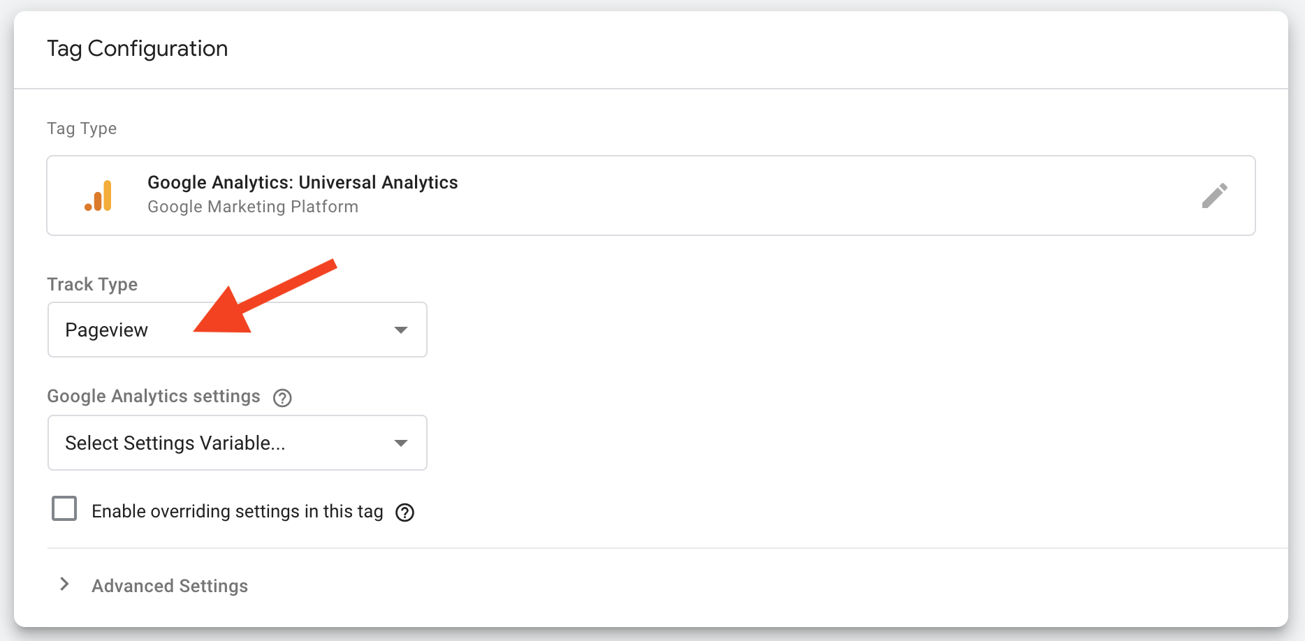 pageview track type of the tag configuration on google tag manager 