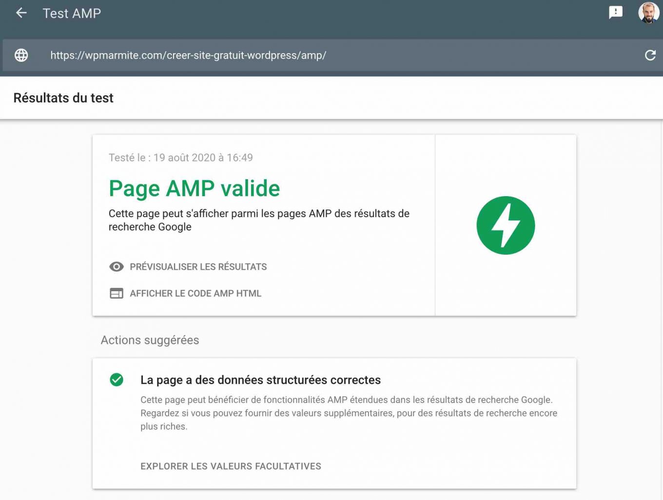 Test page AMP WordPress via un outil de Google