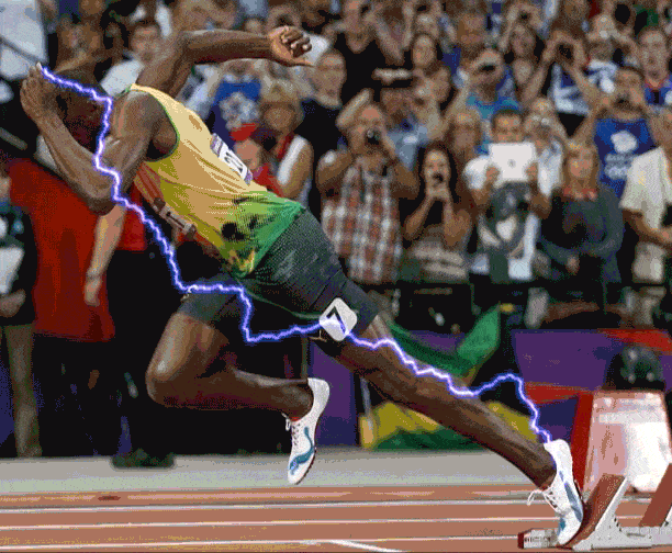 Usain Bolt in the starting blocks covered with lightning