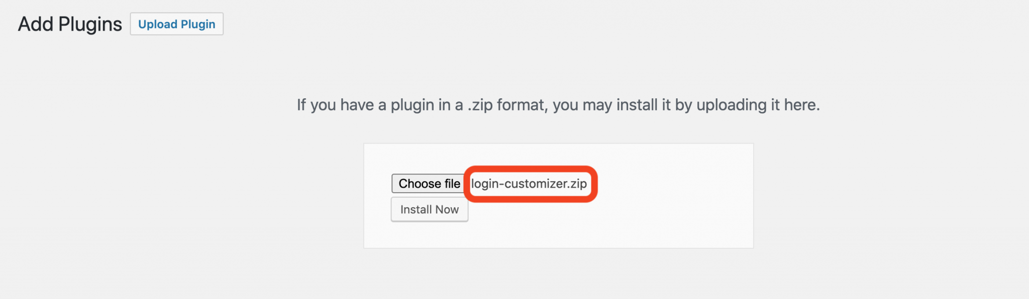 Login customizer upload plugin zip file on wordpress admin