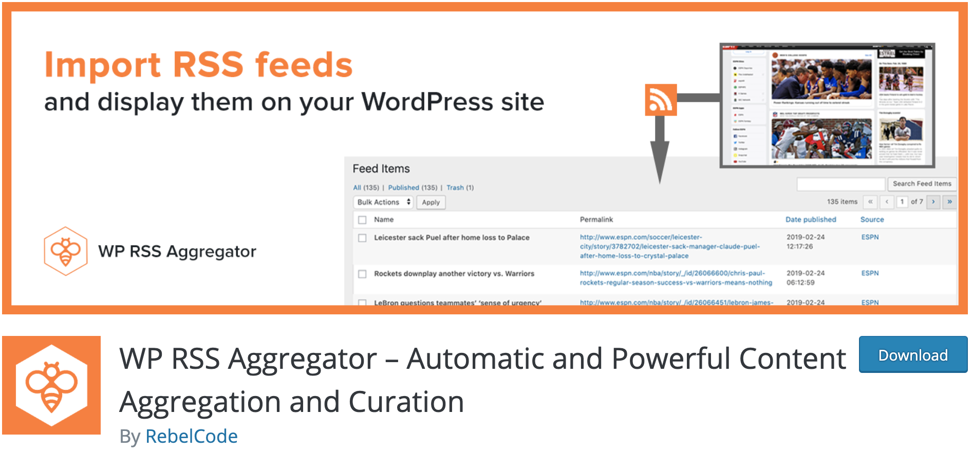 WP RSS Aggregator page to download the plugin