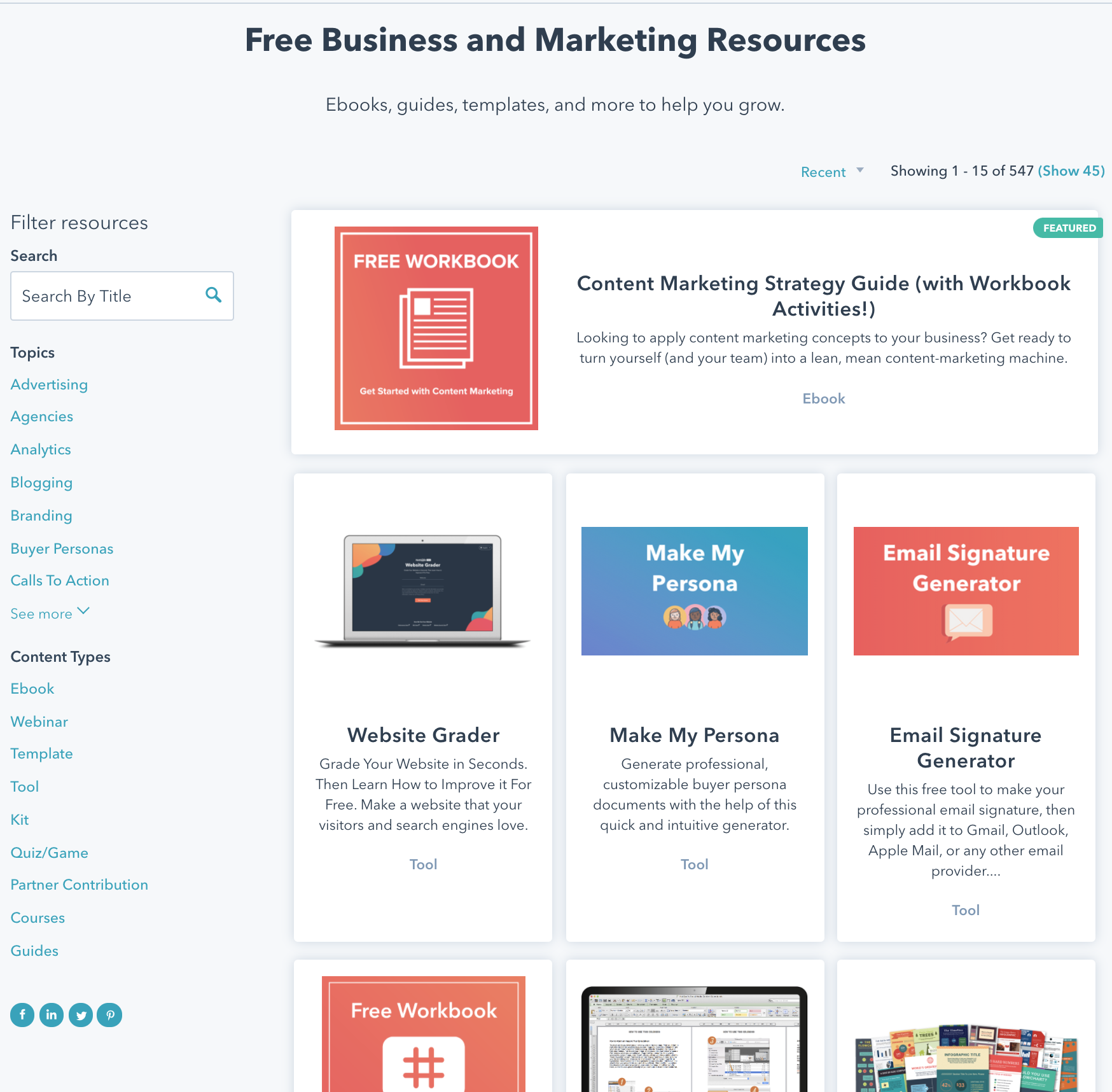 HubSpot free resources including ebooks, tools, guides and more