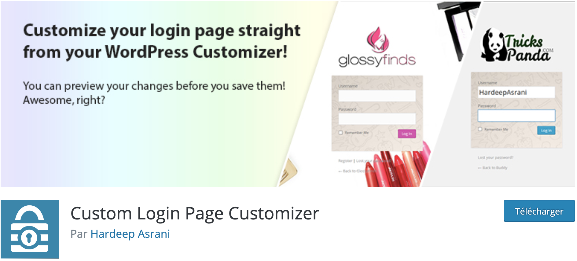 Téléchargez le plugin Login Customizer sur le répertoire officiel WordPress pour personnaliser votre page de connexion au tableau de bord.
