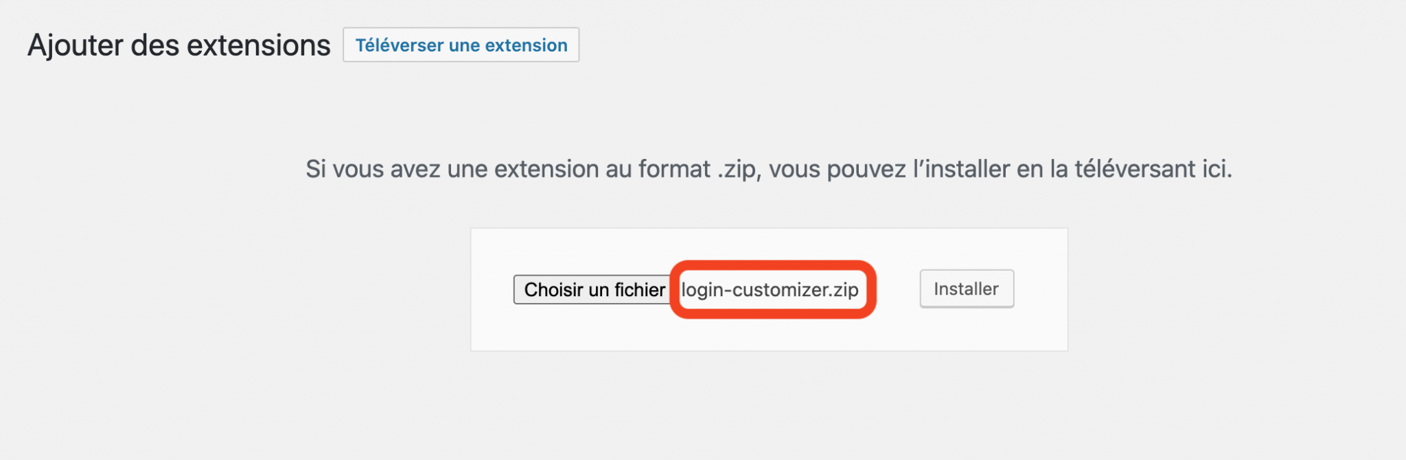Téléverser l'extension Login Customizer sur wordpress