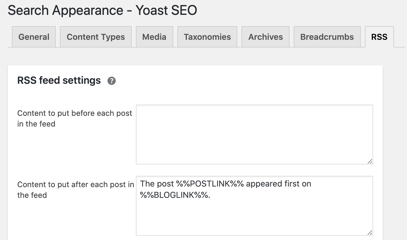 Yoast seo RSS feed settings to update the content to put before or after each post in the feed