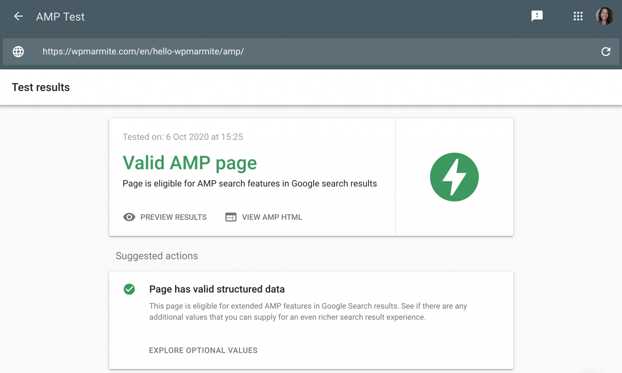 AMP test page via the dedicated Google tool for an article of WPMarmite's blog