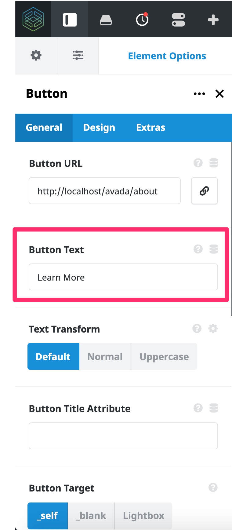 Avada button text options