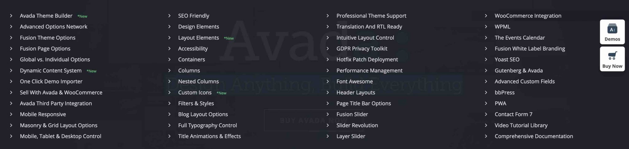 Avada theme options list