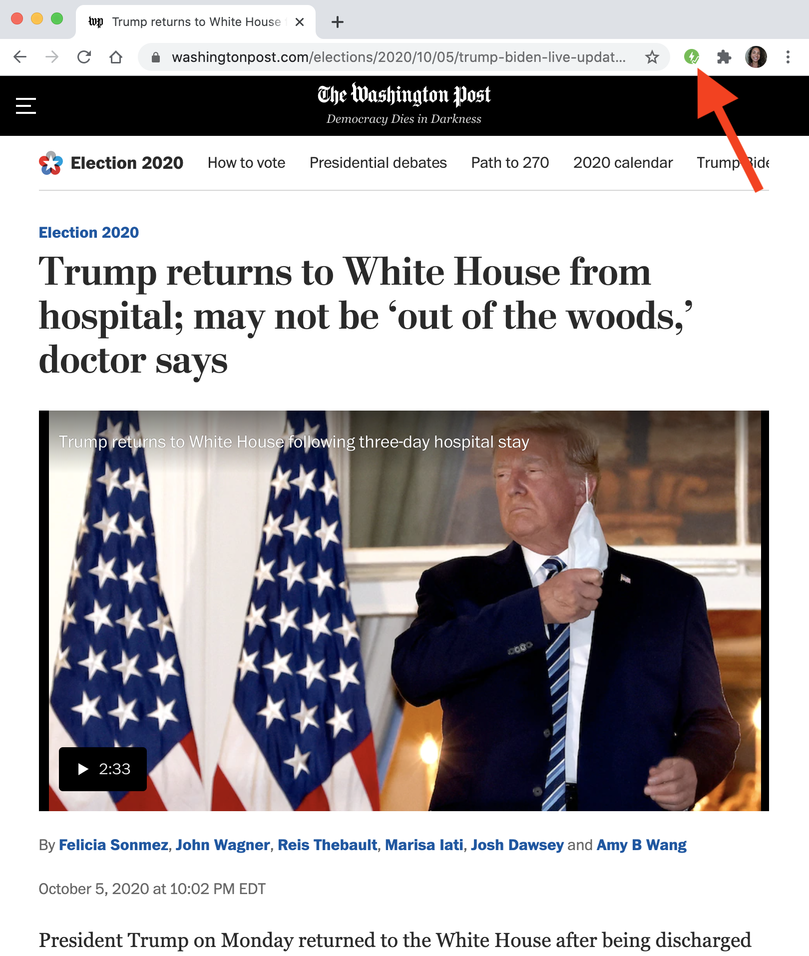 Chrome extension AMP validator example with an article of The Washington Post