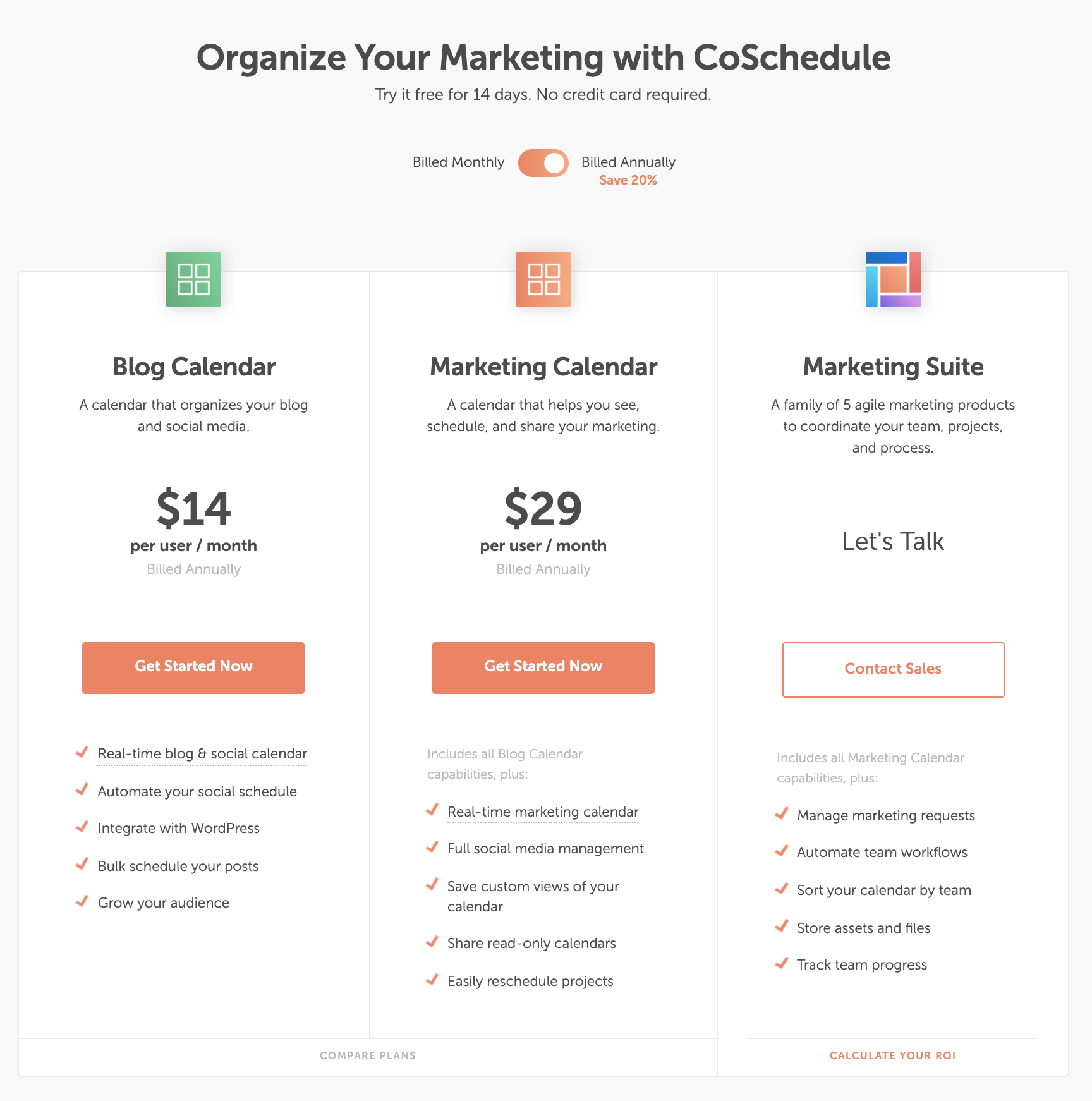 CoSchedule pricing table