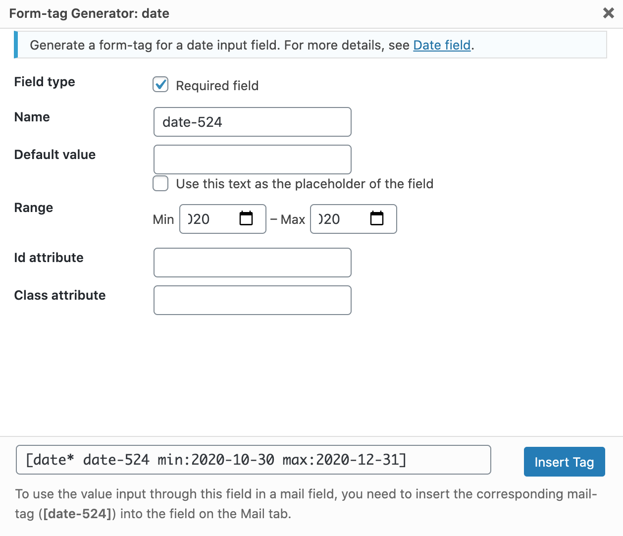 Form tag Generator date on contact form 7