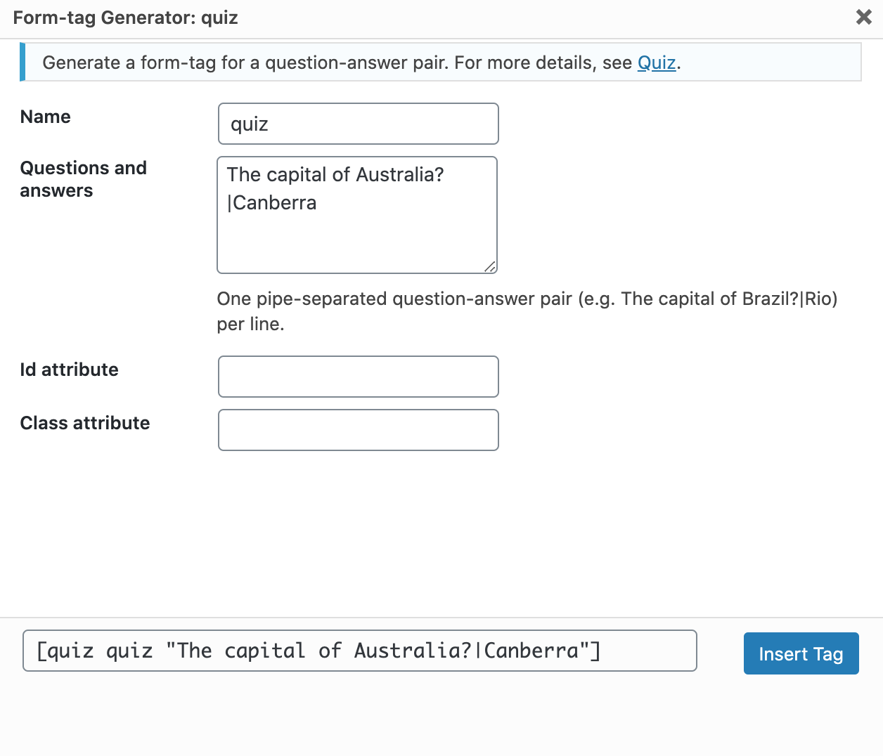 Form-tag Generator quiz contact form 7