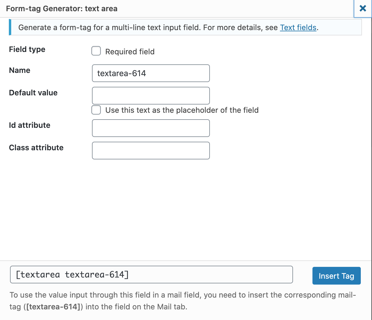Form tag Generator text area contact form 7 