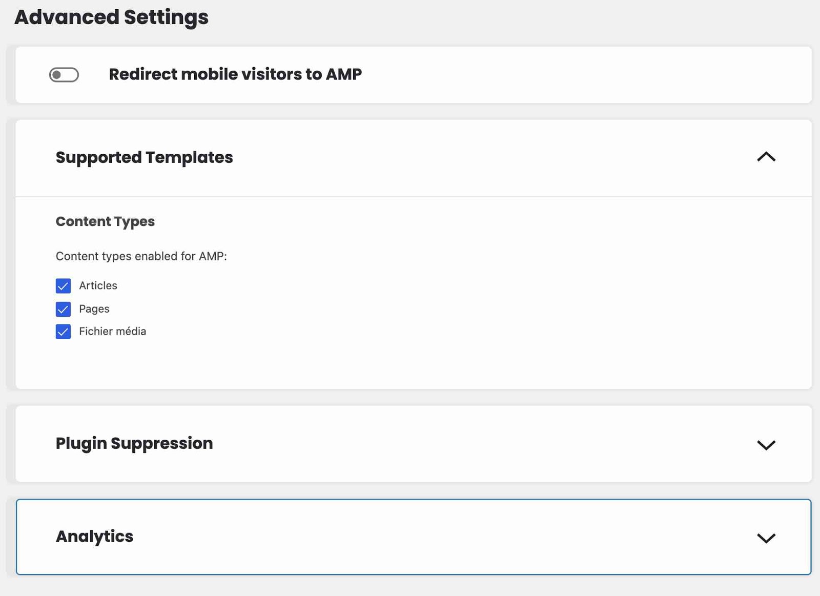 Advanced settings of the AMP plugin on WordPress