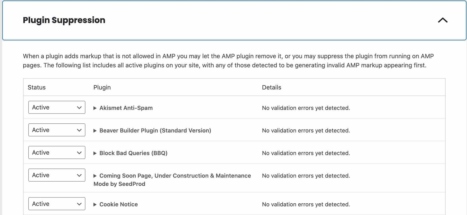 plugin suppression settings on AMP plugin