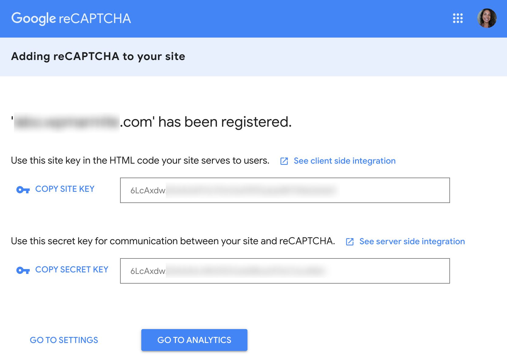 reCAPTCHA site key and secret key