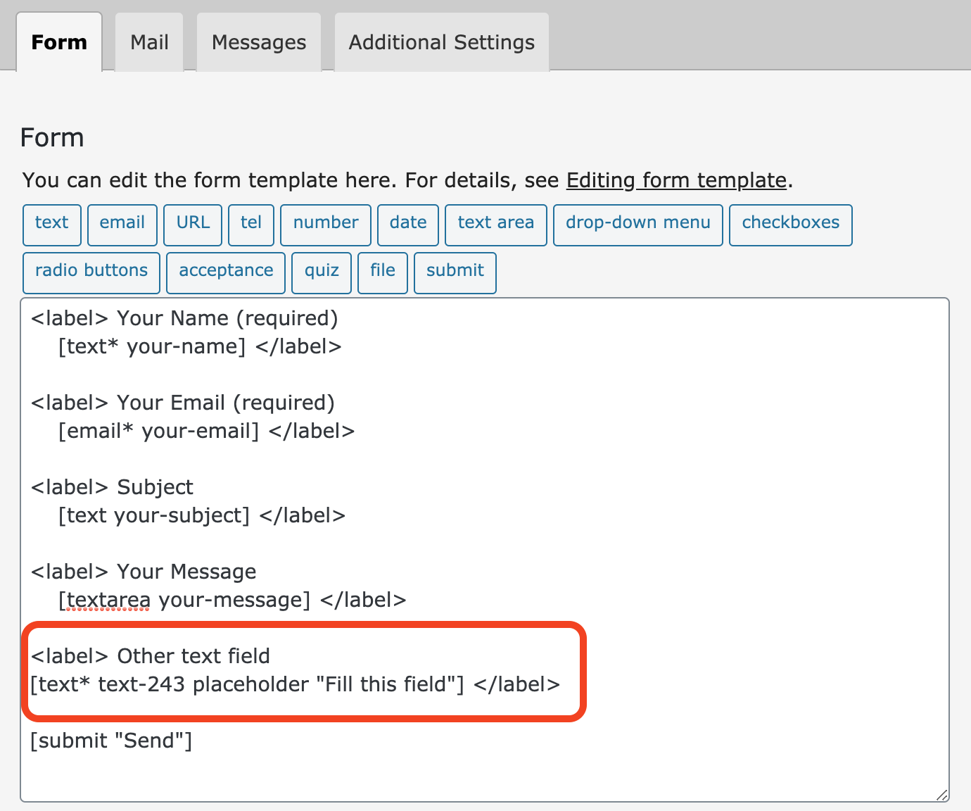 insert text tag in contact form 7
