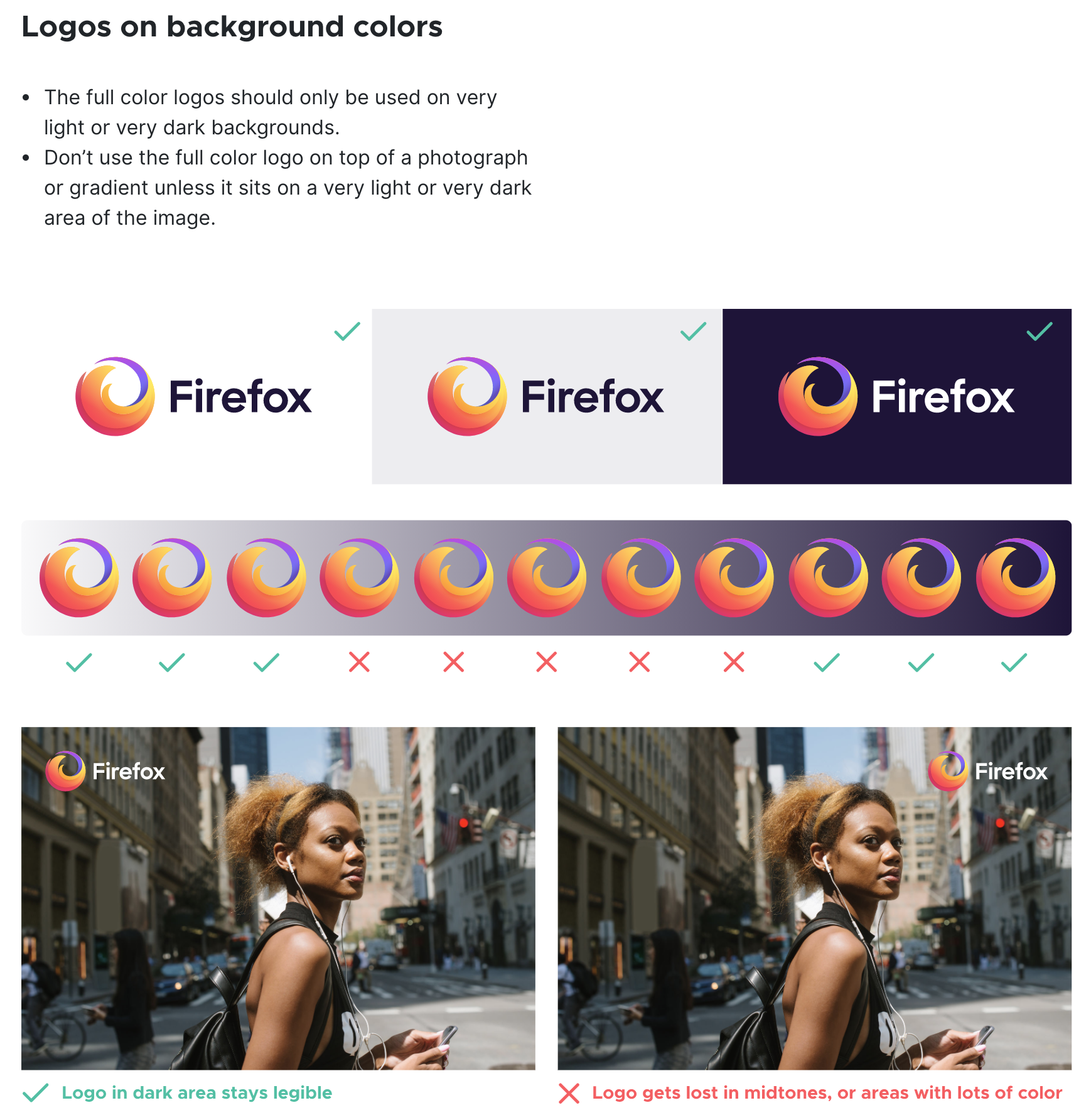Logos and background colors rules of Mozilla Firefox style guide