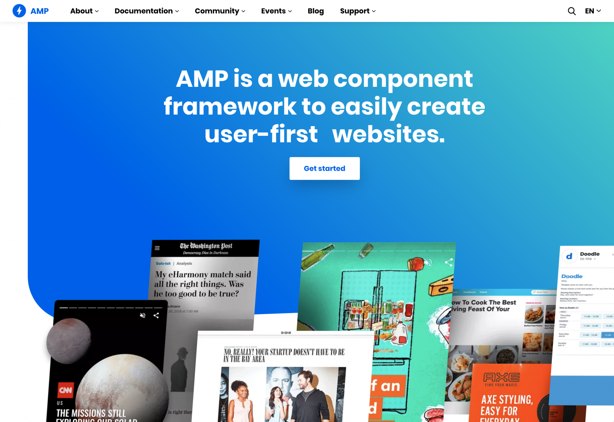 Official AMP website homepage displaying a phrase saying AMP is a web component framework to easily create user-first websites and more